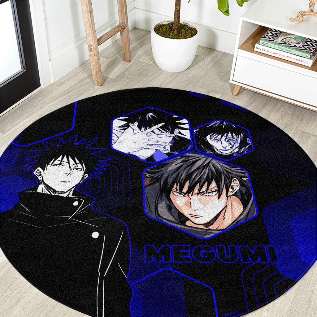 Megumi Fushiguro Jujutsu Kaisen Blue Hexagon Design Round Carpet with Shadow Techniques and Manga Style Art - The Mazicc