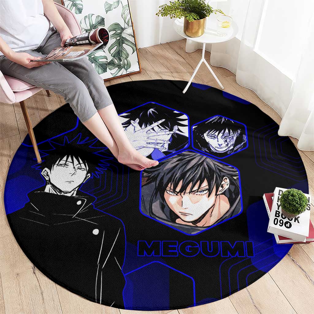 Megumi Fushiguro Jujutsu Kaisen Blue Hexagon Design Round Carpet with Shadow Techniques and Manga Style Art - The Mazicc