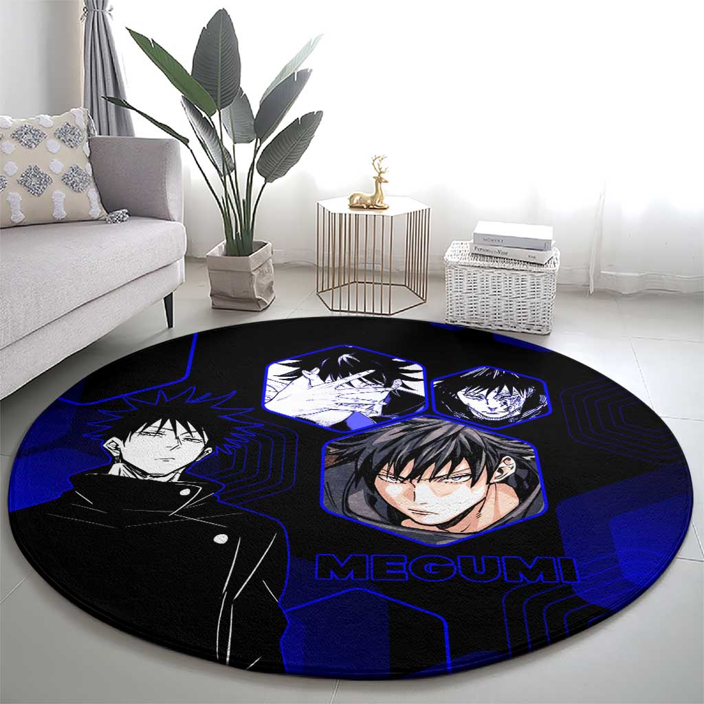 Megumi Fushiguro Jujutsu Kaisen Blue Hexagon Design Round Carpet with Shadow Techniques and Manga Style Art - The Mazicc