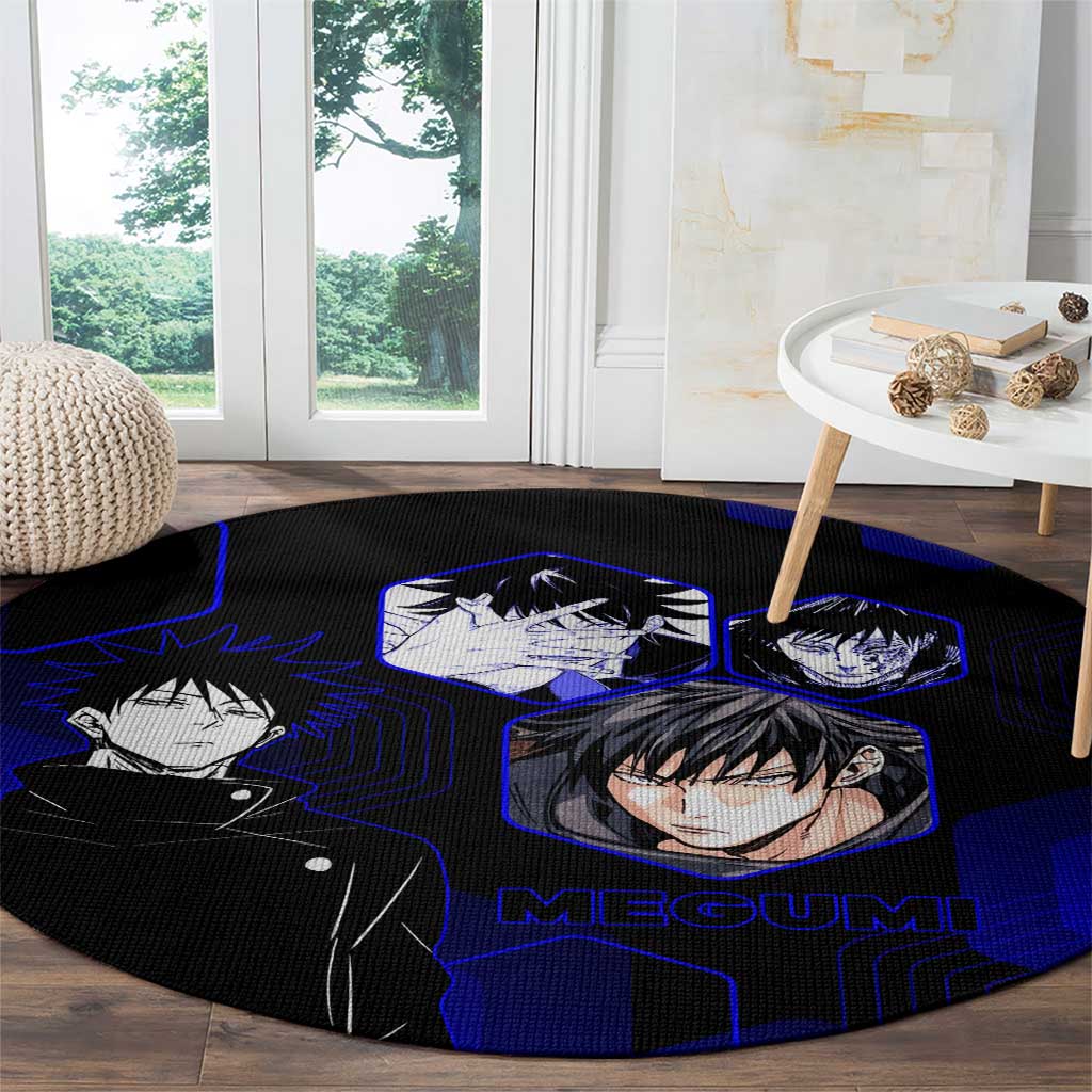 Megumi Fushiguro Jujutsu Kaisen Blue Hexagon Design Round Carpet with Shadow Techniques and Manga Style Art - The Mazicc
