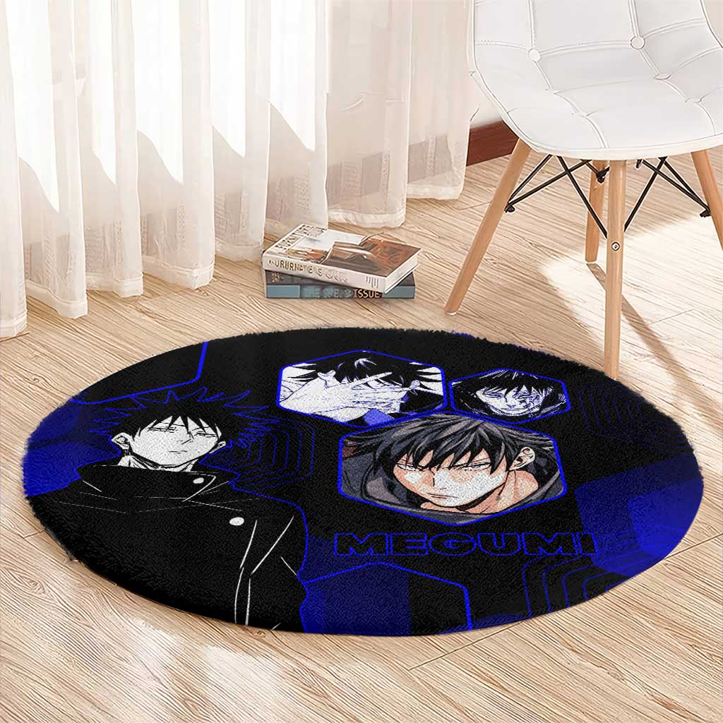 Megumi Fushiguro Jujutsu Kaisen Blue Hexagon Design Round Carpet with Shadow Techniques and Manga Style Art - The Mazicc