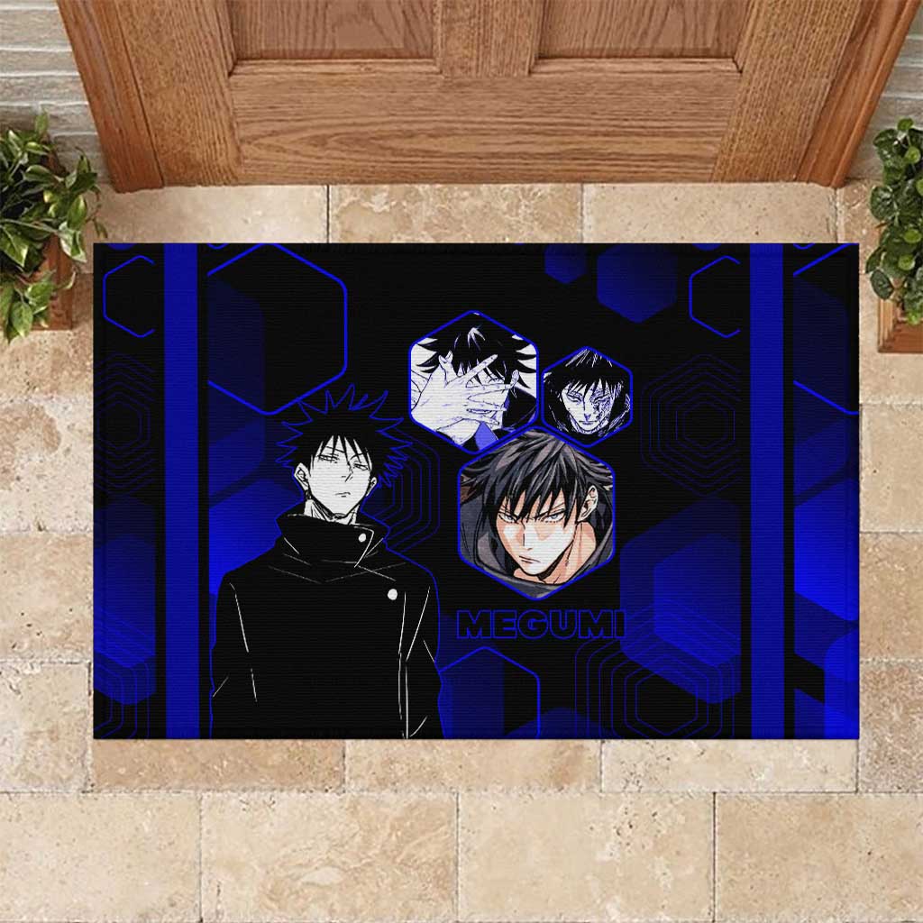 Megumi Fushiguro Jujutsu Kaisen Blue Hexagon Design Rubber Doormat with Shadow Techniques and Manga Style Art - The Mazicc
