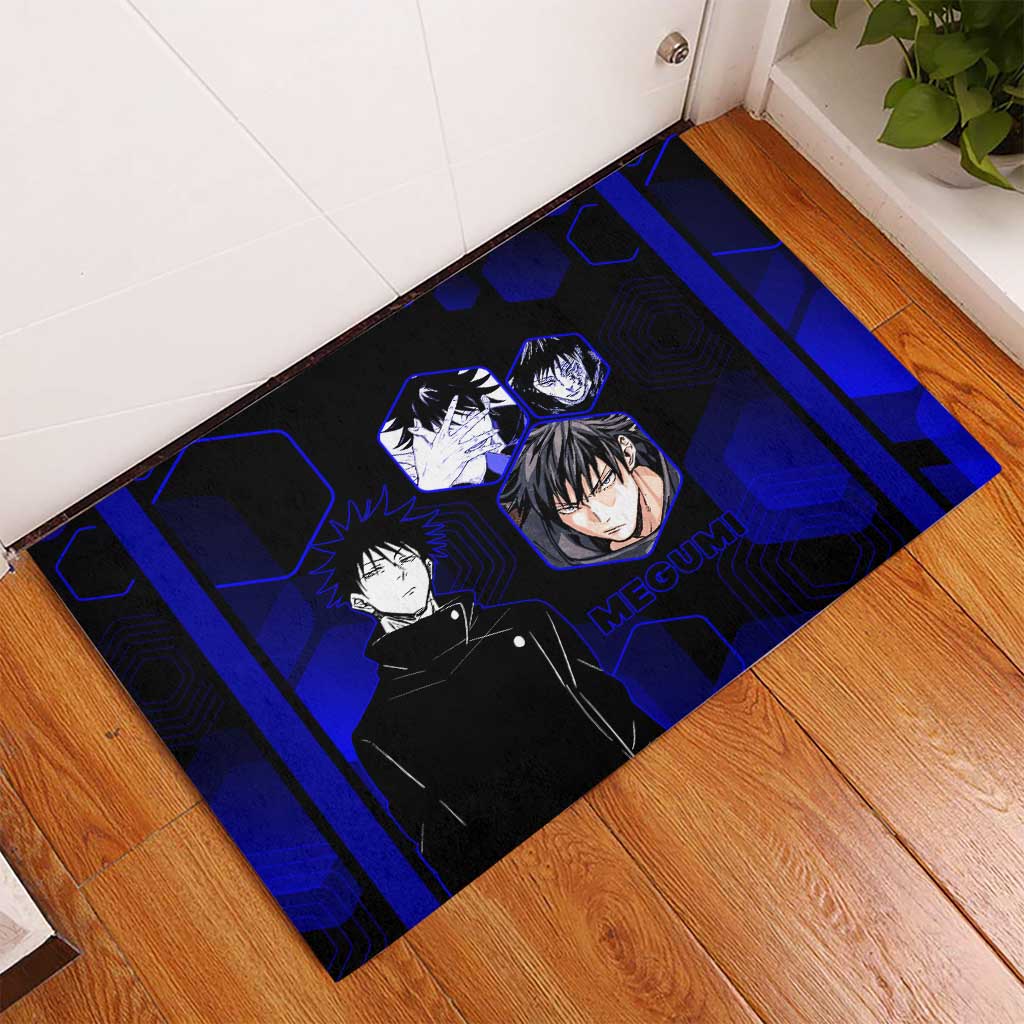 Megumi Fushiguro Jujutsu Kaisen Blue Hexagon Design Rubber Doormat with Shadow Techniques and Manga Style Art - The Mazicc