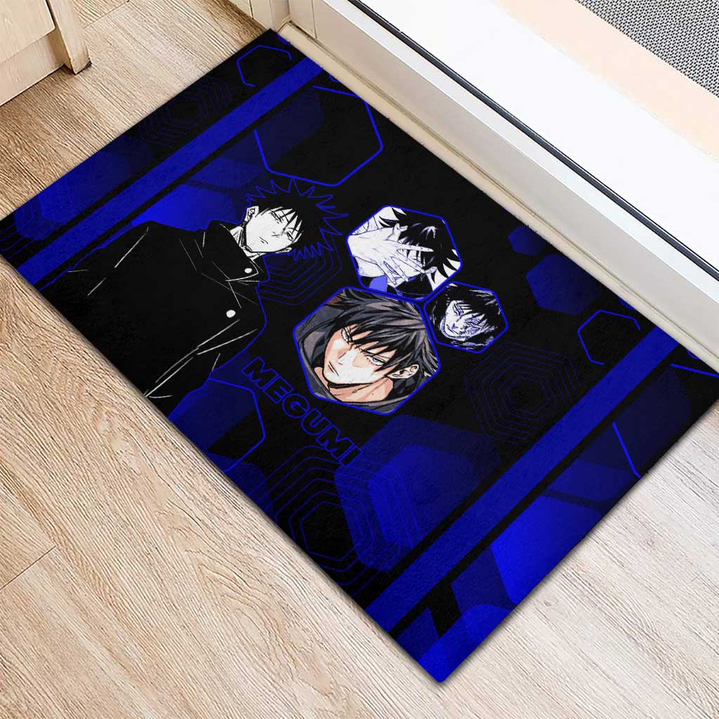 Megumi Fushiguro Jujutsu Kaisen Blue Hexagon Design Rubber Doormat with Shadow Techniques and Manga Style Art - The Mazicc