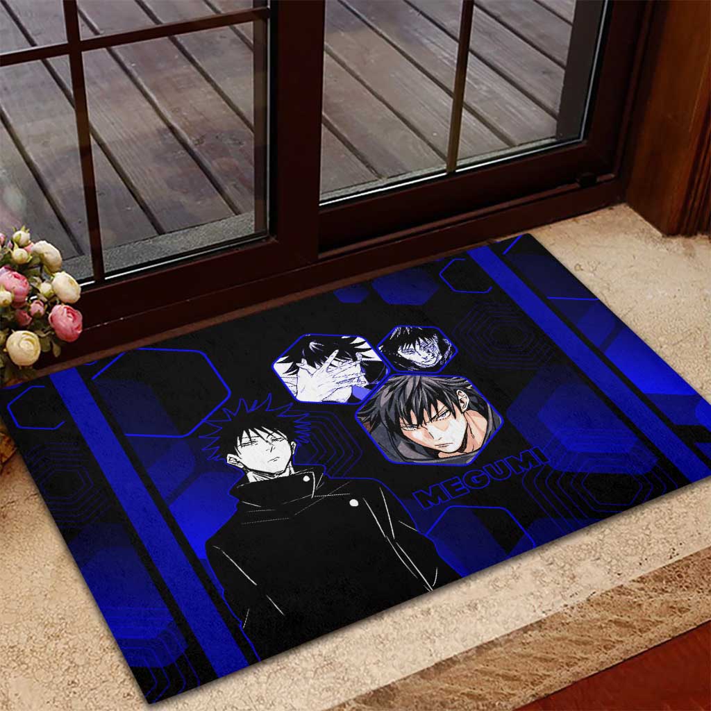 Megumi Fushiguro Jujutsu Kaisen Blue Hexagon Design Rubber Doormat with Shadow Techniques and Manga Style Art - The Mazicc