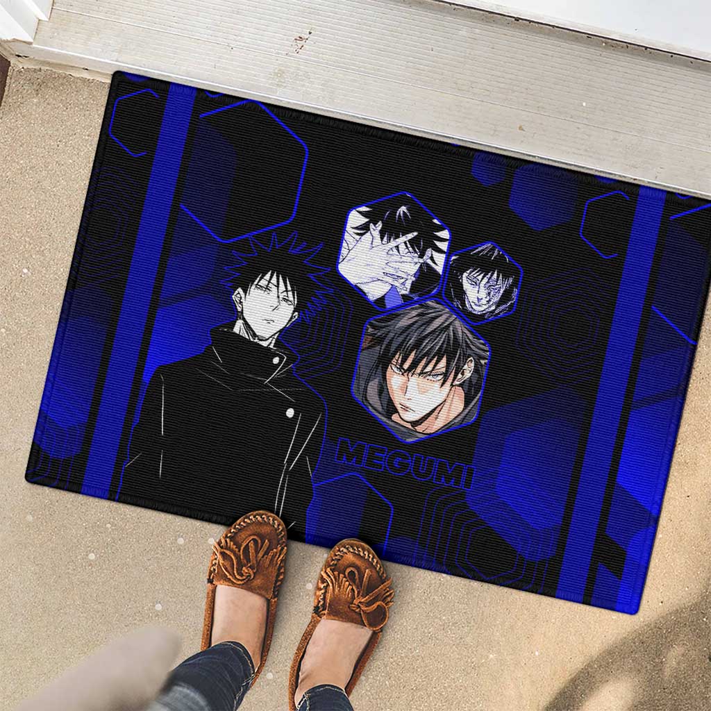 Megumi Fushiguro Jujutsu Kaisen Blue Hexagon Design Rubber Doormat with Shadow Techniques and Manga Style Art - The Mazicc
