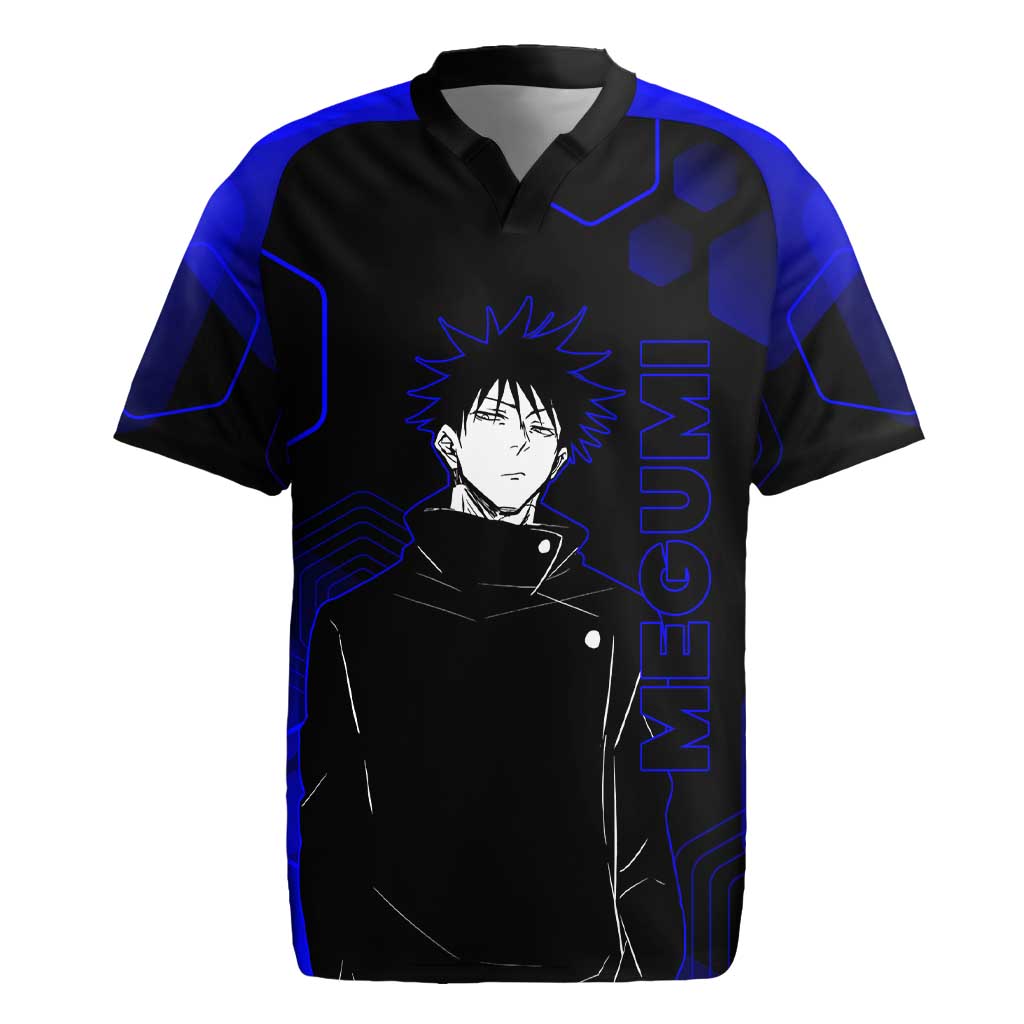 Megumi Fushiguro Jujutsu Kaisen Blue Hexagon Design Rugby Jersey with Shadow Techniques and Manga Style Art - The Mazicc