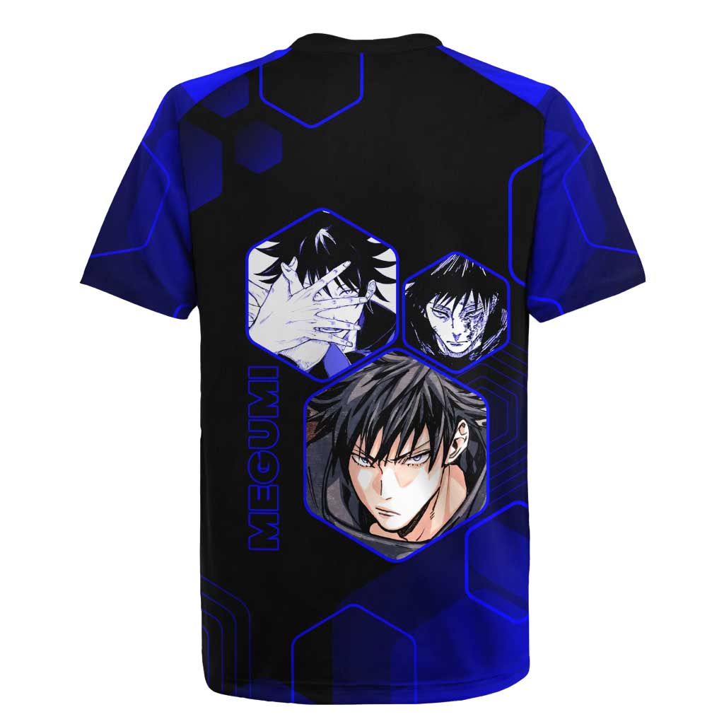 Megumi Fushiguro Jujutsu Kaisen Blue Hexagon Design Rugby Jersey with Shadow Techniques and Manga Style Art - The Mazicc