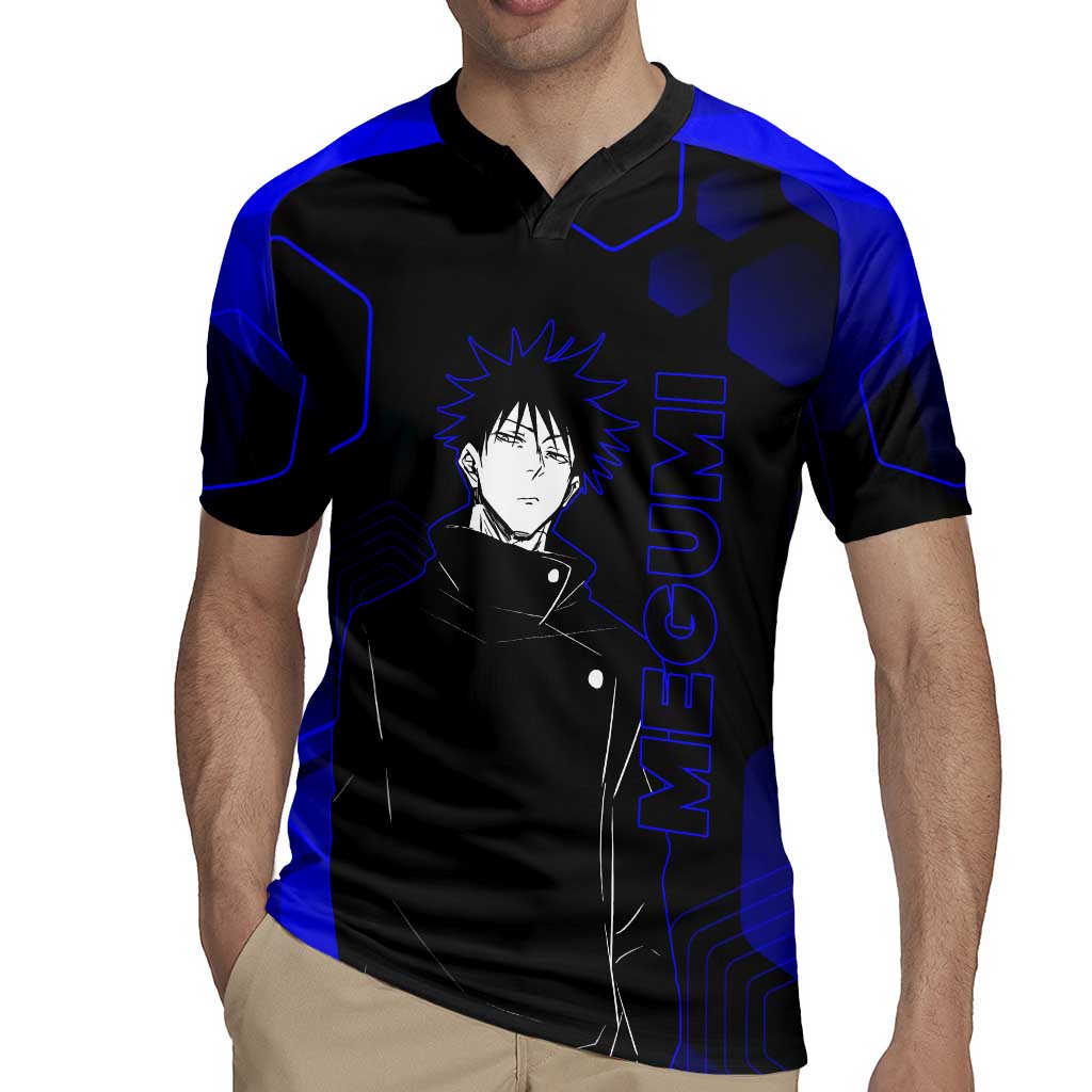 Megumi Fushiguro Jujutsu Kaisen Blue Hexagon Design Rugby Jersey with Shadow Techniques and Manga Style Art - The Mazicc