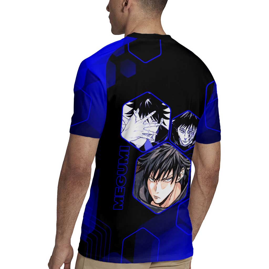 Megumi Fushiguro Jujutsu Kaisen Blue Hexagon Design Rugby Jersey with Shadow Techniques and Manga Style Art - The Mazicc
