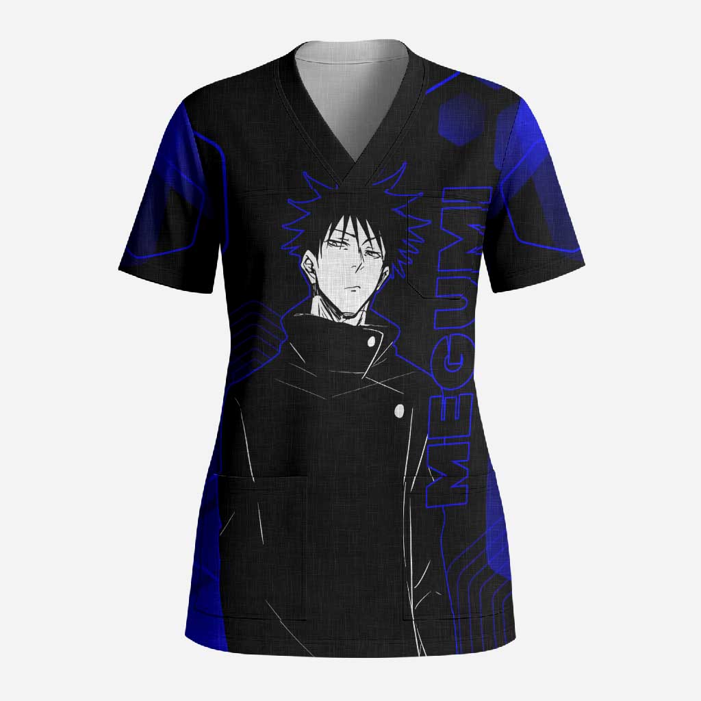 Megumi Fushiguro Jujutsu Kaisen Blue Hexagon Design Scrub Top with Shadow Techniques and Manga Style Art - The Mazicc