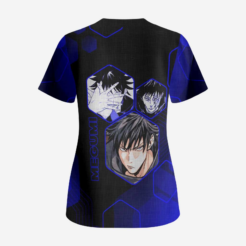 Megumi Fushiguro Jujutsu Kaisen Blue Hexagon Design Scrub Top with Shadow Techniques and Manga Style Art - The Mazicc