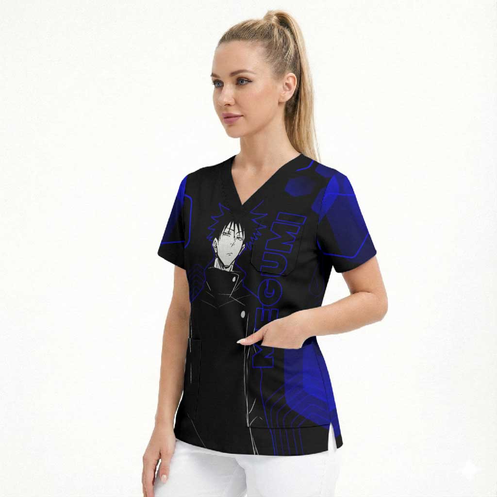 Megumi Fushiguro Jujutsu Kaisen Blue Hexagon Design Scrub Top with Shadow Techniques and Manga Style Art - The Mazicc