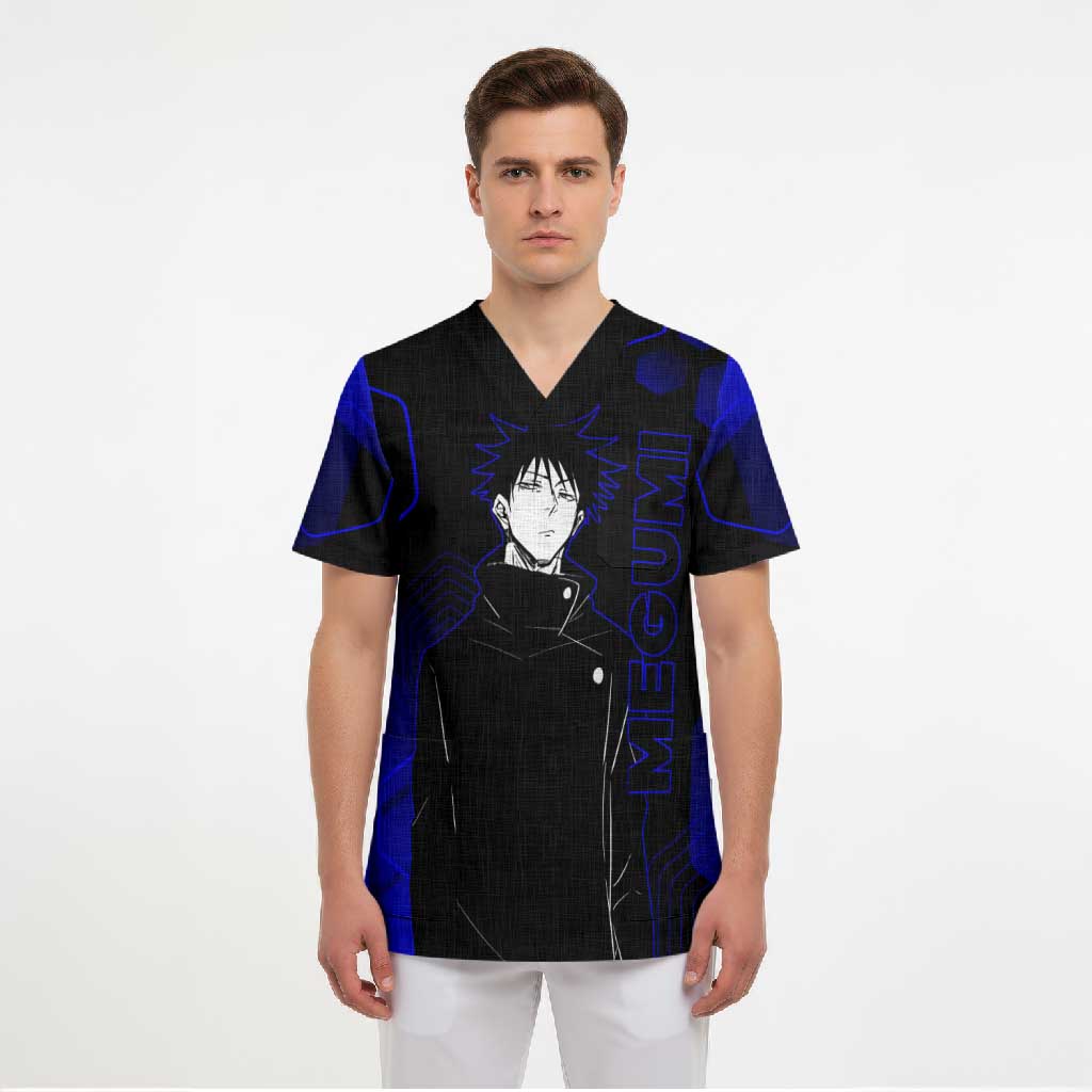 Megumi Fushiguro Jujutsu Kaisen Blue Hexagon Design Scrub Top with Shadow Techniques and Manga Style Art - The Mazicc