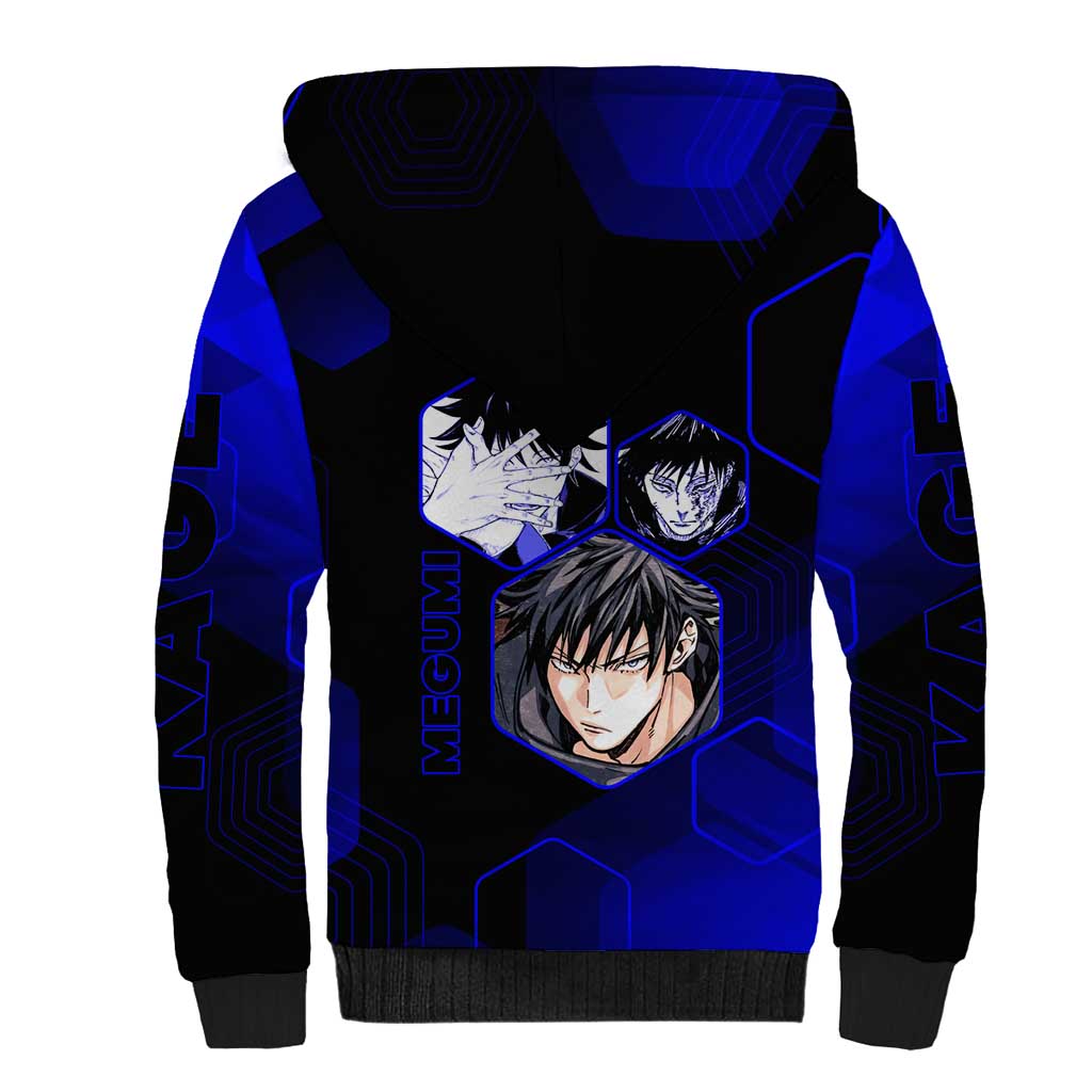 Megumi Fushiguro Jujutsu Kaisen Blue Hexagon Design Sherpa Hoodie with Shadow Techniques and Manga Style Art - The Mazicc