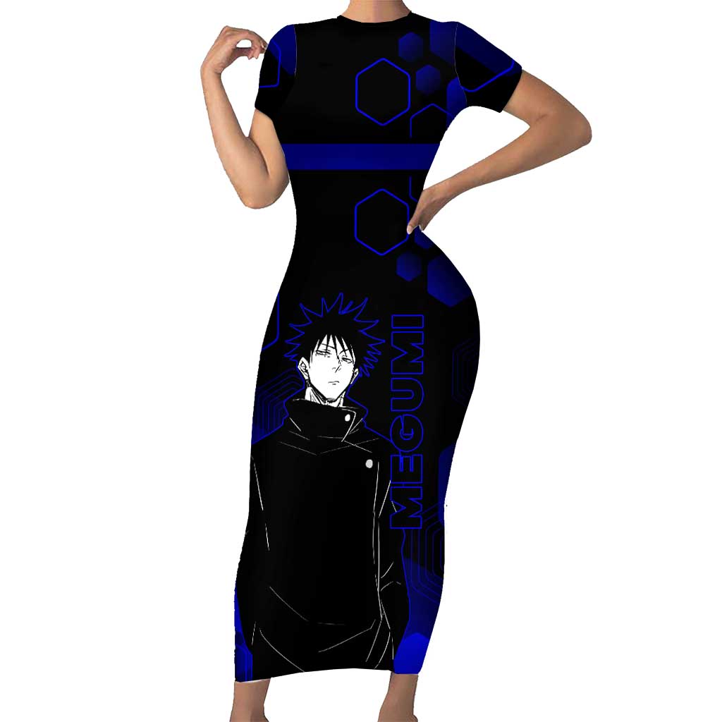 Megumi Fushiguro Jujutsu Kaisen Blue Hexagon Design Short Sleeve Bodycon Dress with Shadow Techniques and Manga Style Art - The Mazicc