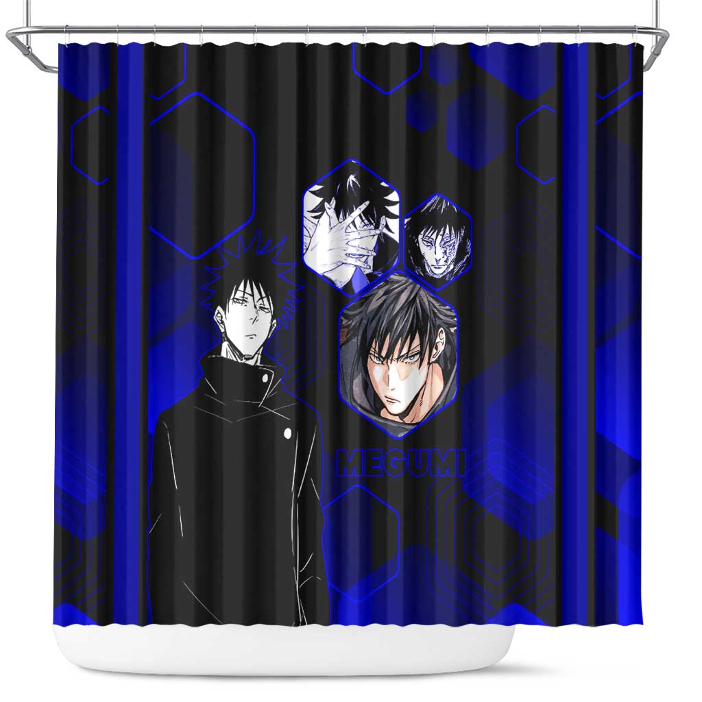 Megumi Fushiguro Jujutsu Kaisen Blue Hexagon Design Shower Curtain with Shadow Techniques and Manga Style Art - The Mazicc
