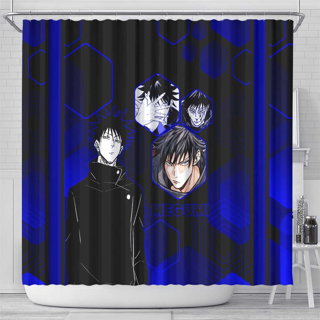 Megumi Fushiguro Jujutsu Kaisen Blue Hexagon Design Shower Curtain with Shadow Techniques and Manga Style Art - The Mazicc
