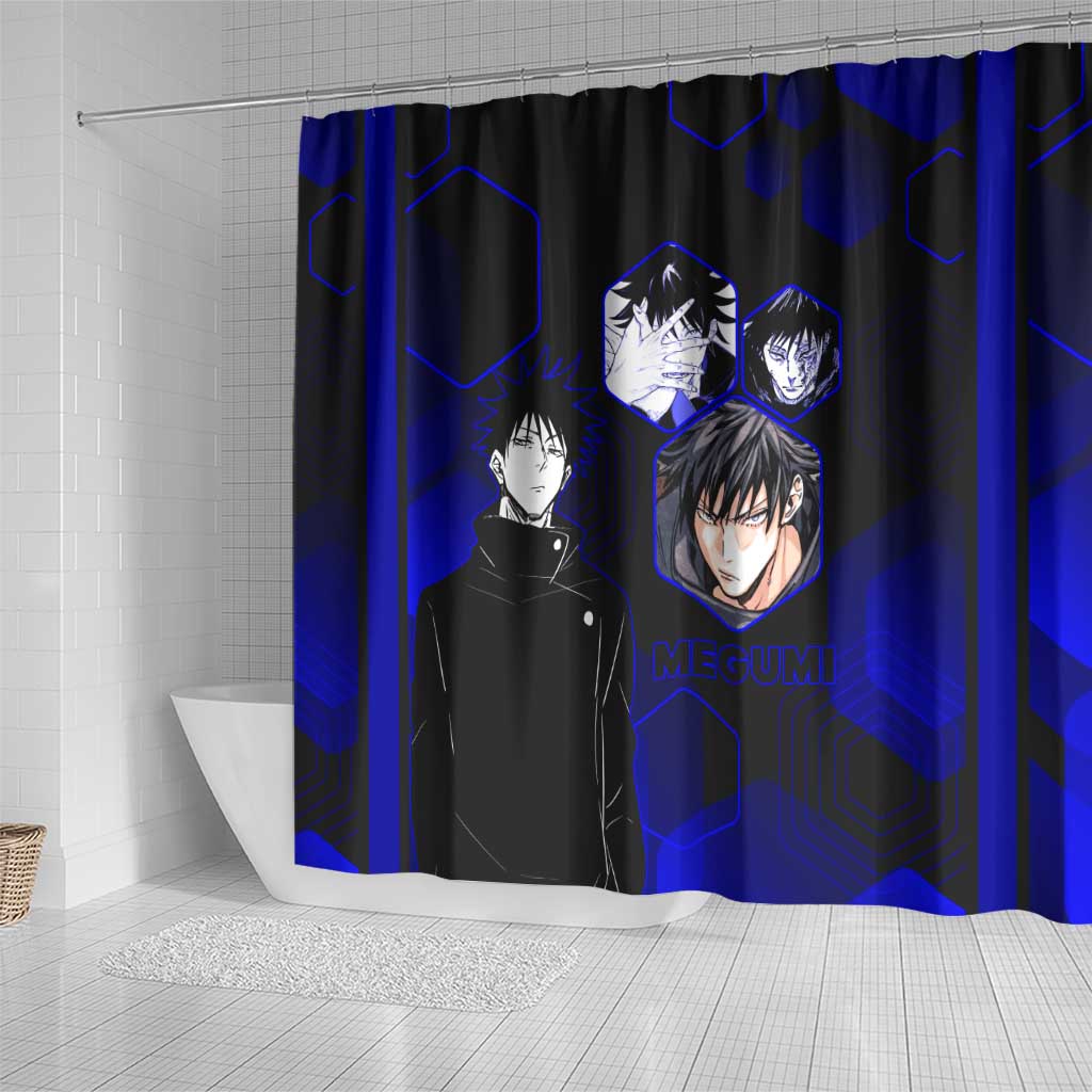 Megumi Fushiguro Jujutsu Kaisen Blue Hexagon Design Shower Curtain with Shadow Techniques and Manga Style Art - The Mazicc