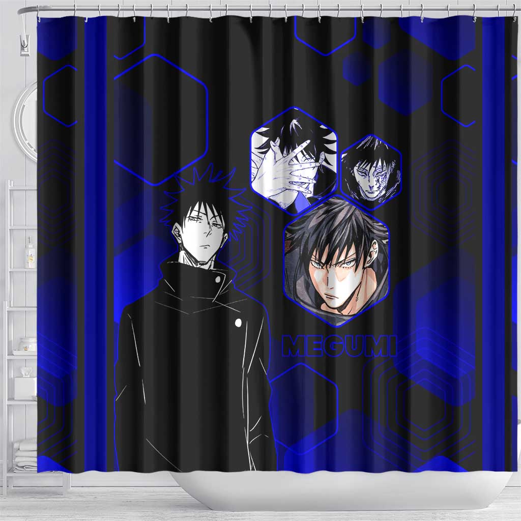 Megumi Fushiguro Jujutsu Kaisen Blue Hexagon Design Shower Curtain with Shadow Techniques and Manga Style Art - The Mazicc