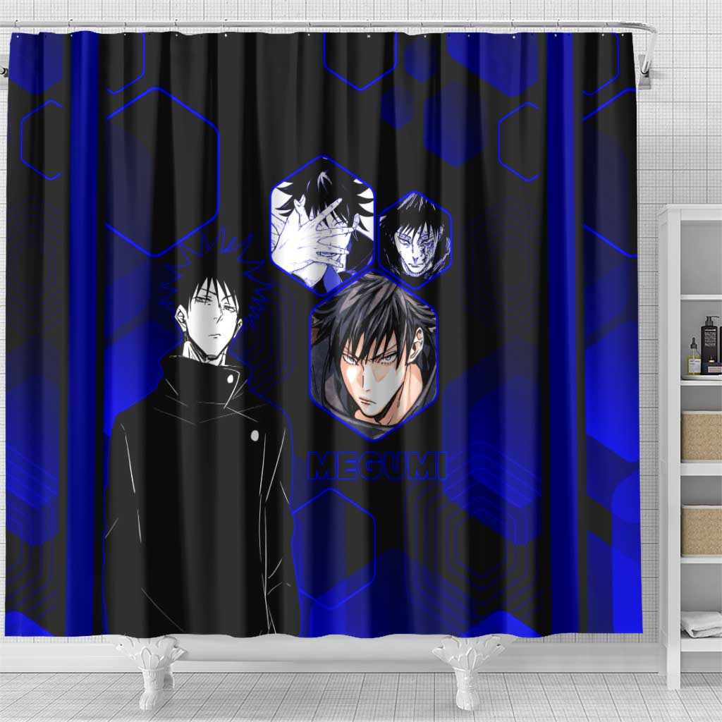 Megumi Fushiguro Jujutsu Kaisen Blue Hexagon Design Shower Curtain with Shadow Techniques and Manga Style Art - The Mazicc