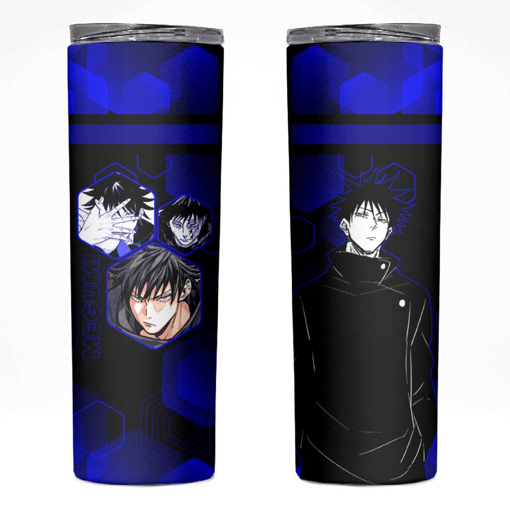 Megumi Fushiguro Jujutsu Kaisen Blue Hexagon Design Skinny Tumbler with Shadow Techniques and Manga Style Art - The Mazicc