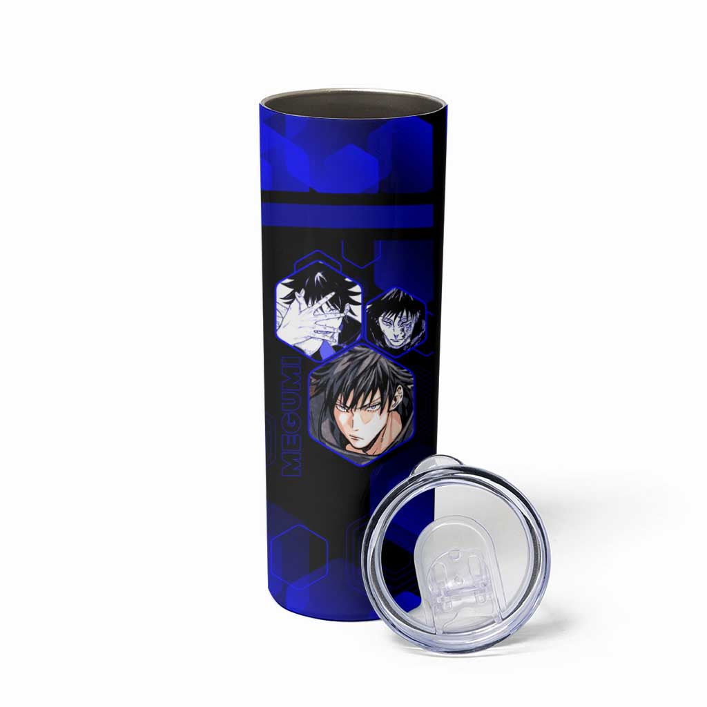 Megumi Fushiguro Jujutsu Kaisen Blue Hexagon Design Skinny Tumbler with Shadow Techniques and Manga Style Art - The Mazicc