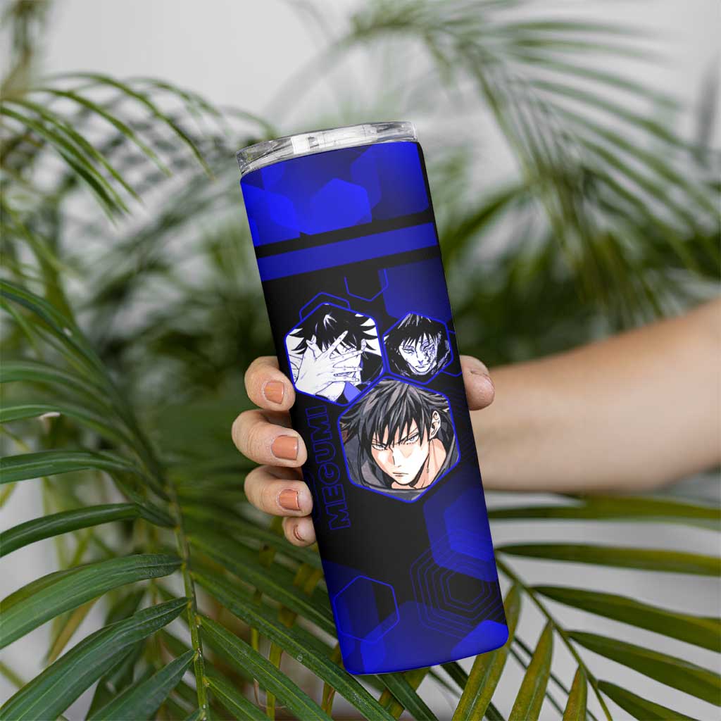 Megumi Fushiguro Jujutsu Kaisen Blue Hexagon Design Skinny Tumbler with Shadow Techniques and Manga Style Art - The Mazicc