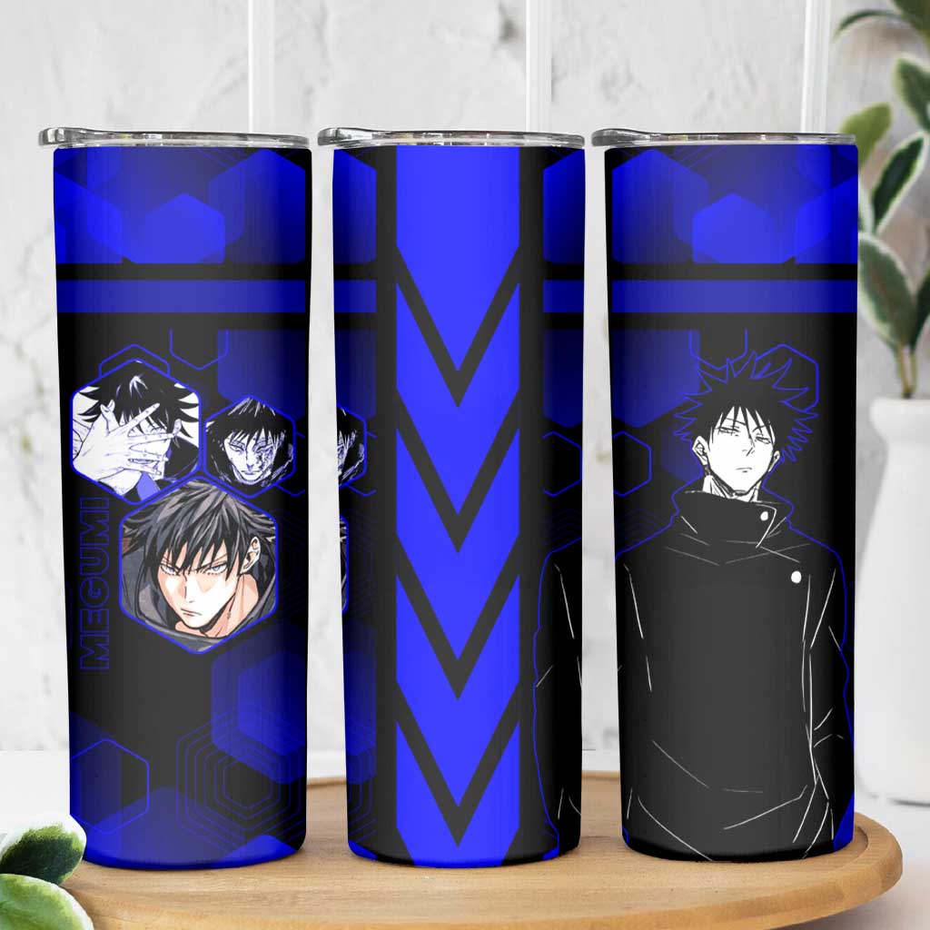 Megumi Fushiguro Jujutsu Kaisen Blue Hexagon Design Skinny Tumbler with Shadow Techniques and Manga Style Art - The Mazicc
