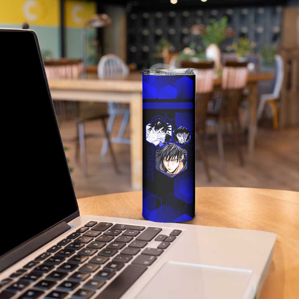 Megumi Fushiguro Jujutsu Kaisen Blue Hexagon Design Skinny Tumbler with Shadow Techniques and Manga Style Art - The Mazicc