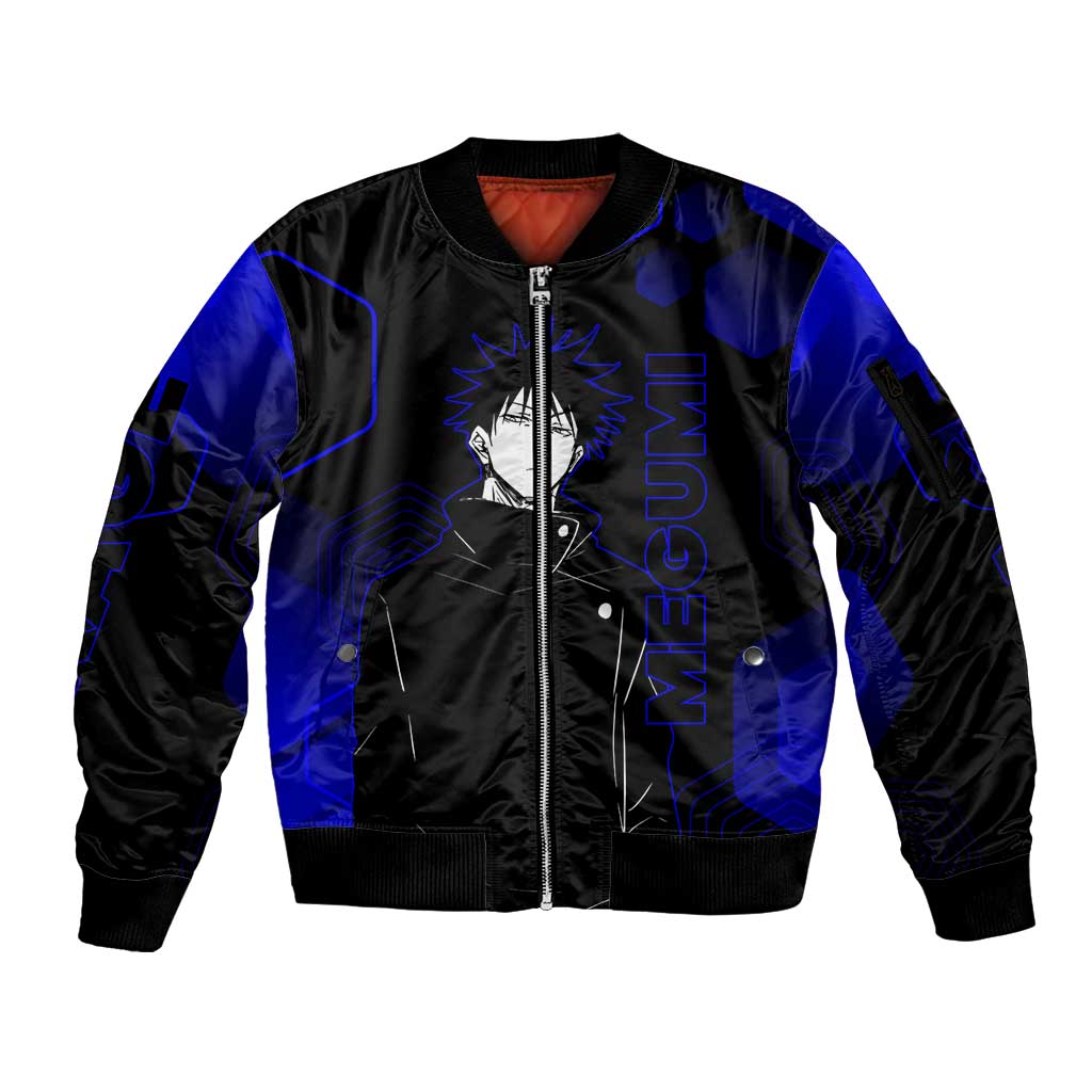 Megumi Fushiguro Jujutsu Kaisen Blue Hexagon Design Sleeve Zip Bomber Jacket with Shadow Techniques and Manga Style Art - The Mazicc