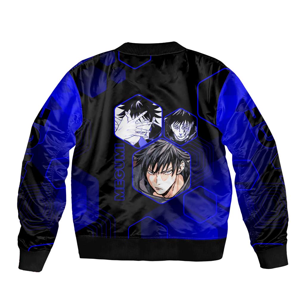 Megumi Fushiguro Jujutsu Kaisen Blue Hexagon Design Sleeve Zip Bomber Jacket with Shadow Techniques and Manga Style Art - The Mazicc