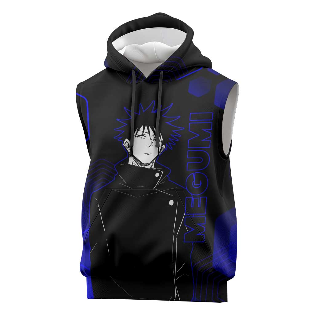 Megumi Fushiguro Jujutsu Kaisen Blue Hexagon Design Sleeveless Hoodie with Shadow Techniques and Manga Style Art - The Mazicc