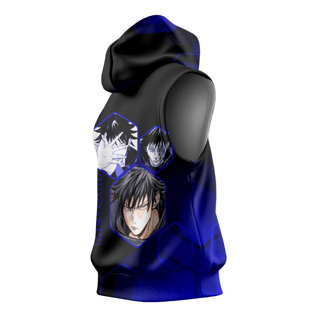 Megumi Fushiguro Jujutsu Kaisen Blue Hexagon Design Sleeveless Hoodie with Shadow Techniques and Manga Style Art - The Mazicc