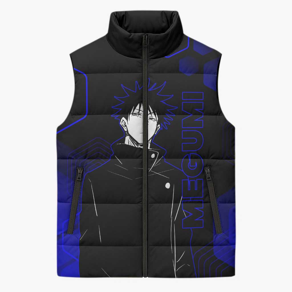 Megumi Fushiguro Jujutsu Kaisen Blue Hexagon Design Sleeveless Puffer Jacket with Shadow Techniques and Manga Style Art - The Mazicc