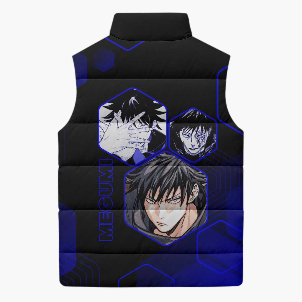 Megumi Fushiguro Jujutsu Kaisen Blue Hexagon Design Sleeveless Puffer Jacket with Shadow Techniques and Manga Style Art - The Mazicc