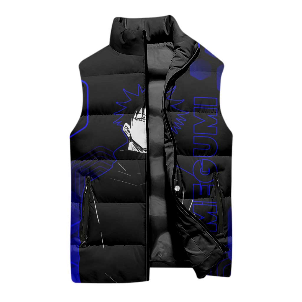 Megumi Fushiguro Jujutsu Kaisen Blue Hexagon Design Sleeveless Puffer Jacket with Shadow Techniques and Manga Style Art - The Mazicc