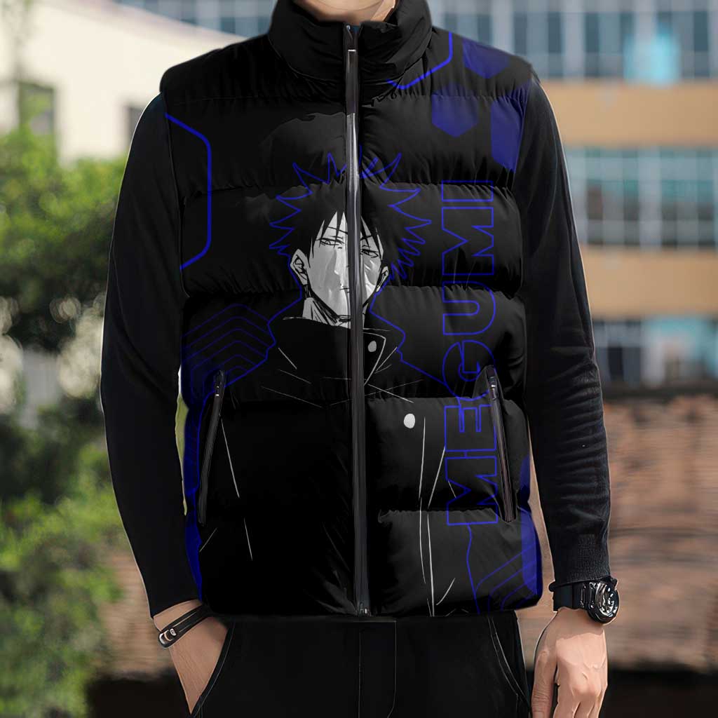 Megumi Fushiguro Jujutsu Kaisen Blue Hexagon Design Sleeveless Puffer Jacket with Shadow Techniques and Manga Style Art - The Mazicc