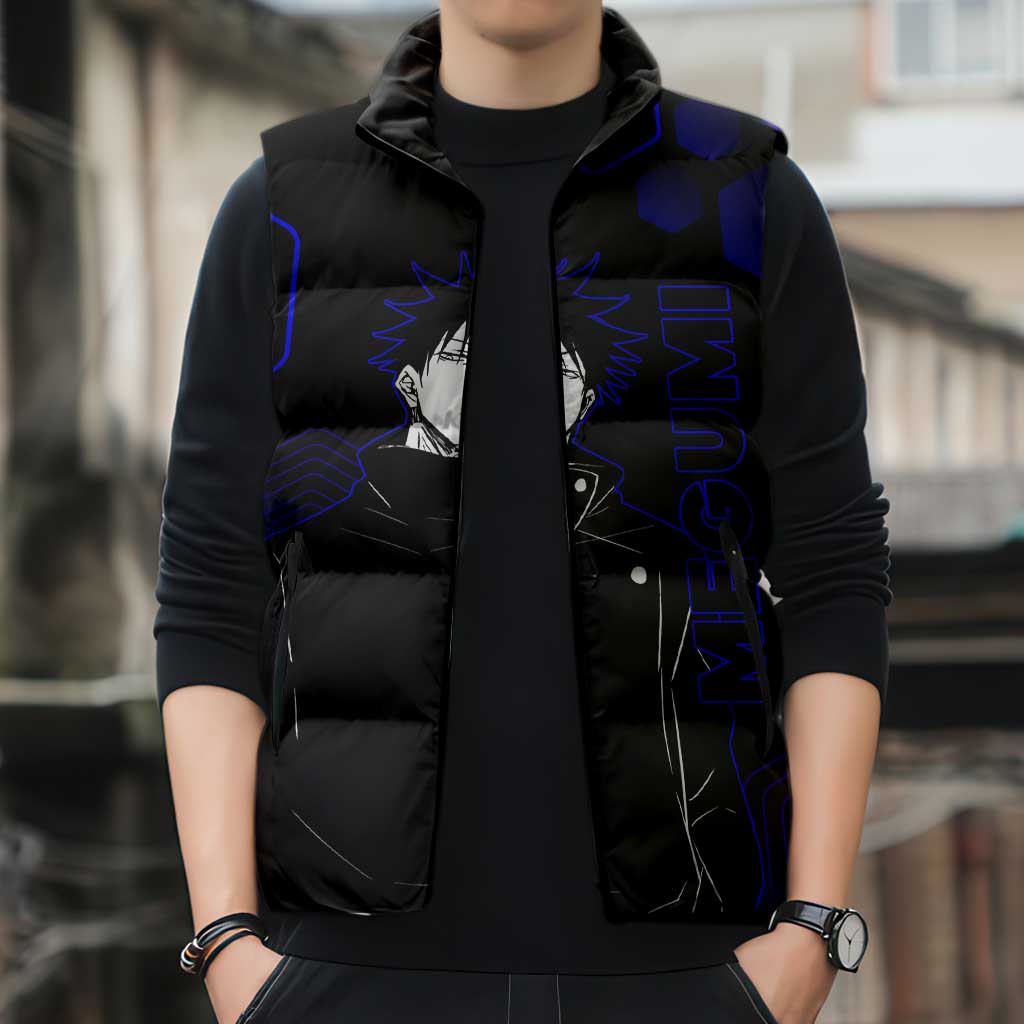 Megumi Fushiguro Jujutsu Kaisen Blue Hexagon Design Sleeveless Puffer Jacket with Shadow Techniques and Manga Style Art - The Mazicc