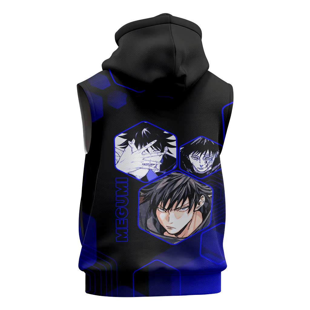 Megumi Fushiguro Jujutsu Kaisen Blue Hexagon Design Sleeveless Zip Hoodie with Shadow Techniques and Manga Style Art - The Mazicc