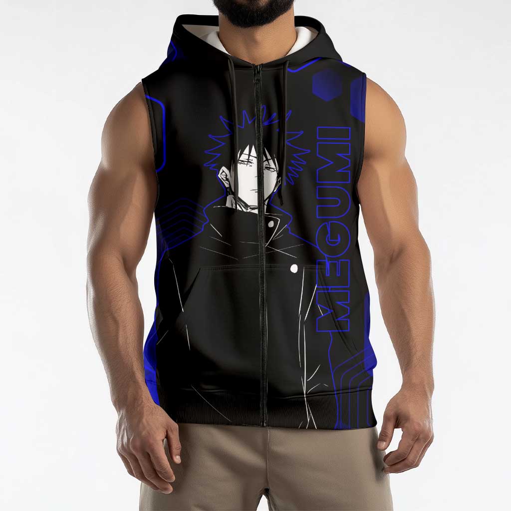 Megumi Fushiguro Jujutsu Kaisen Blue Hexagon Design Sleeveless Zip Hoodie with Shadow Techniques and Manga Style Art - The Mazicc