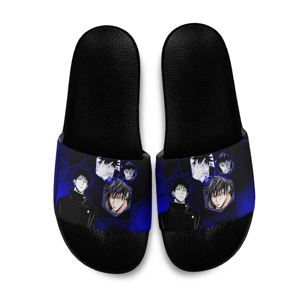 Megumi Fushiguro Jujutsu Kaisen Blue Hexagon Design Slide Sandals with Shadow Techniques and Manga Style Art - The Mazicc