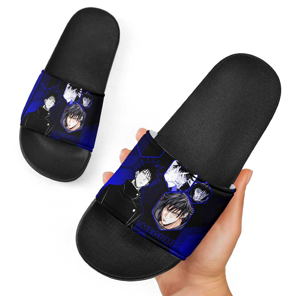 Megumi Fushiguro Jujutsu Kaisen Blue Hexagon Design Slide Sandals with Shadow Techniques and Manga Style Art - The Mazicc