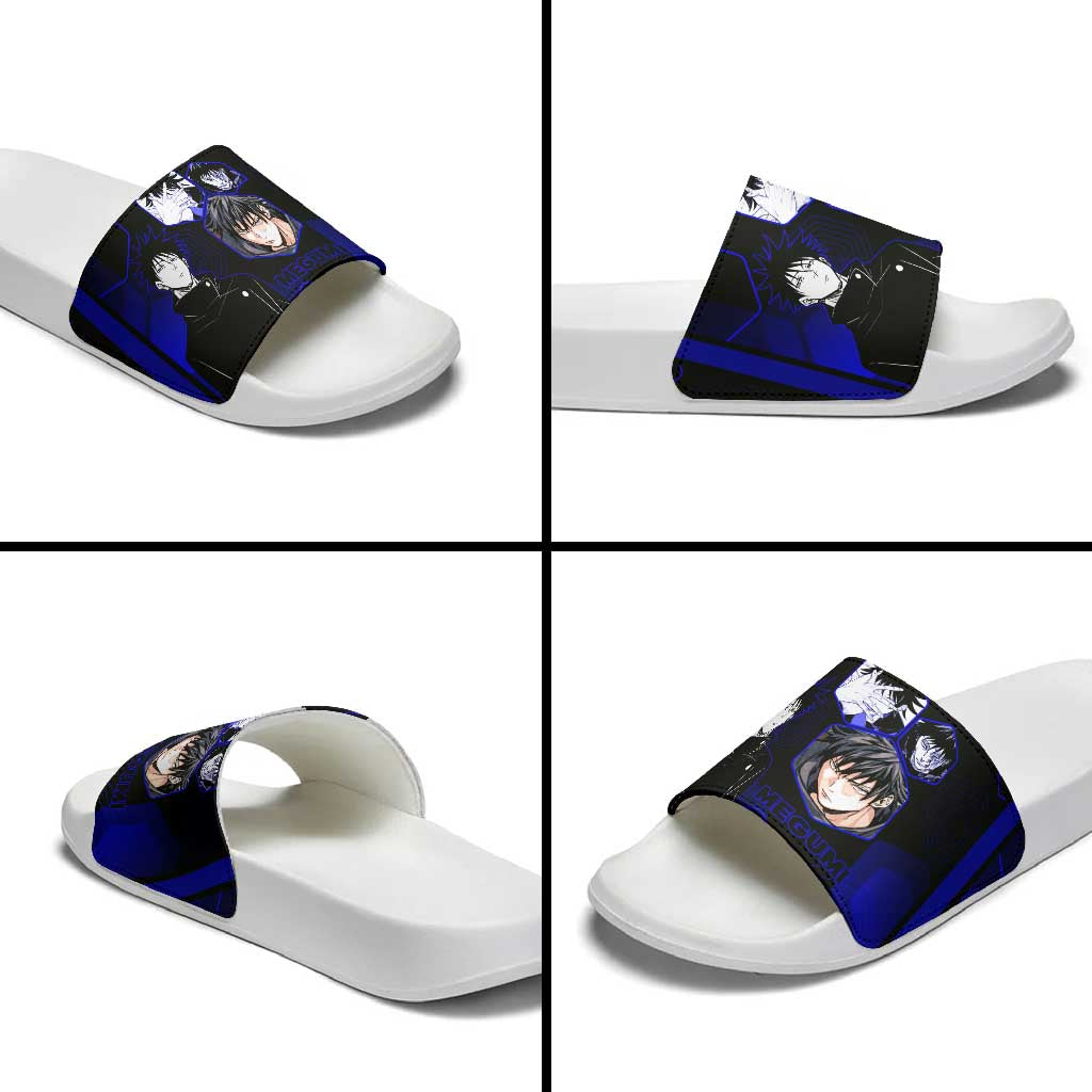 Megumi Fushiguro Jujutsu Kaisen Blue Hexagon Design Slide Sandals with Shadow Techniques and Manga Style Art - The Mazicc