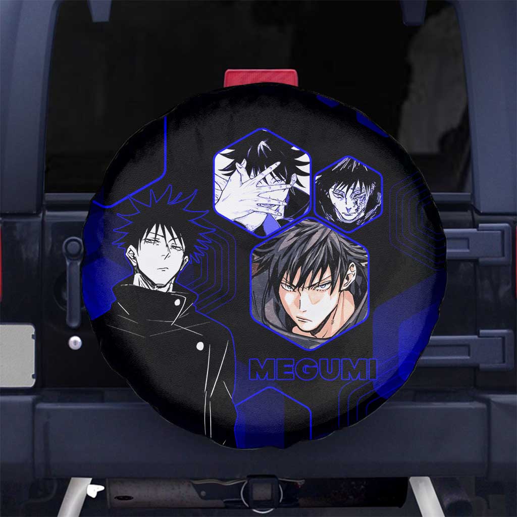 Megumi Fushiguro Jujutsu Kaisen Blue Hexagon Design Spare Tire Cover with Shadow Techniques and Manga Style Art - The Mazicc