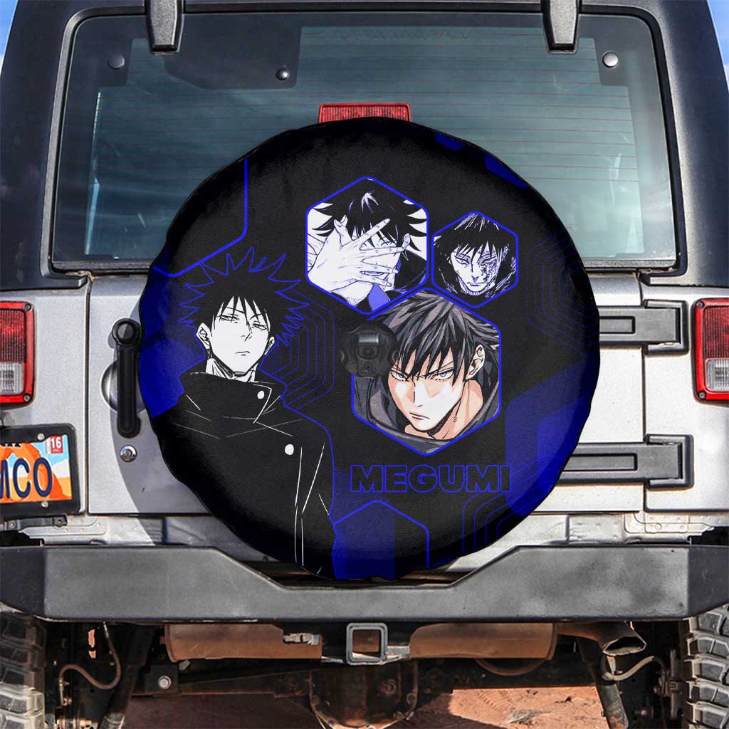 Megumi Fushiguro Jujutsu Kaisen Blue Hexagon Design Spare Tire Cover with Shadow Techniques and Manga Style Art - The Mazicc