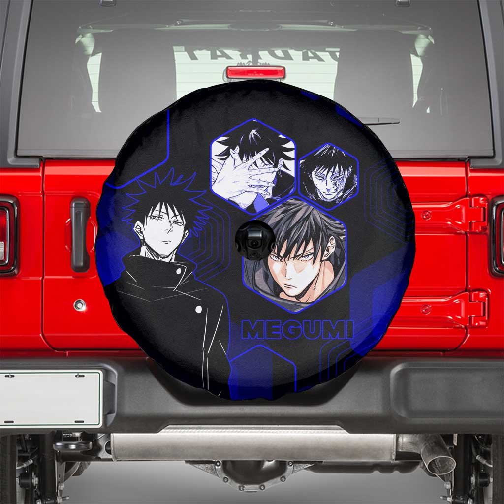 Megumi Fushiguro Jujutsu Kaisen Blue Hexagon Design Spare Tire Cover with Shadow Techniques and Manga Style Art - The Mazicc