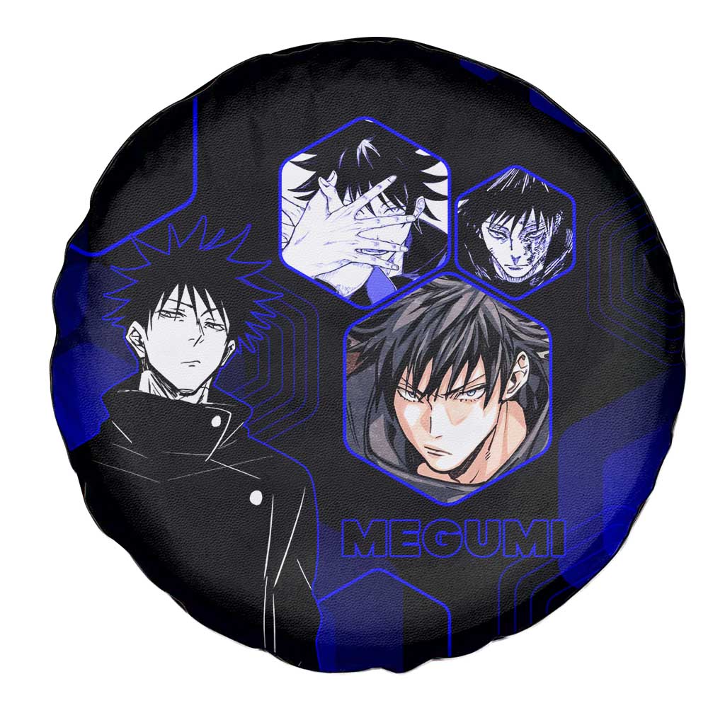 Megumi Fushiguro Jujutsu Kaisen Blue Hexagon Design Spare Tire Cover with Shadow Techniques and Manga Style Art - The Mazicc