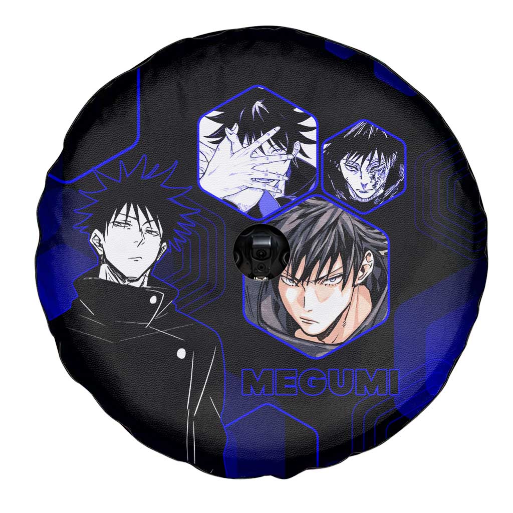 Megumi Fushiguro Jujutsu Kaisen Blue Hexagon Design Spare Tire Cover with Shadow Techniques and Manga Style Art - The Mazicc
