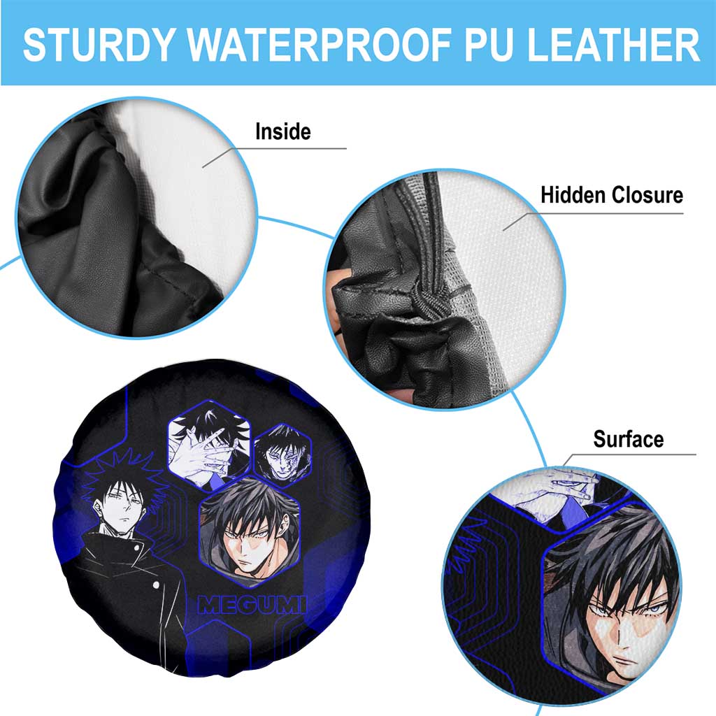 Megumi Fushiguro Jujutsu Kaisen Blue Hexagon Design Spare Tire Cover with Shadow Techniques and Manga Style Art - The Mazicc